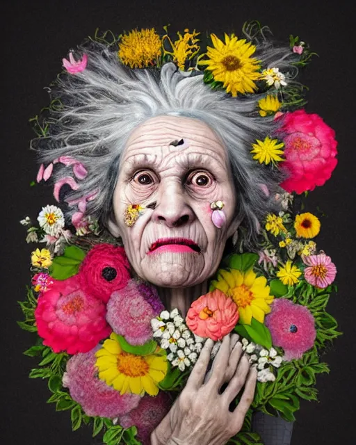 Image similar to a portrait of a surprised, fleshy old woman covered in flowers in the style of guiseppe arcimboldo and james jean, covered in wispy gray hair with a hint of neon, hd 3 d, 8 k