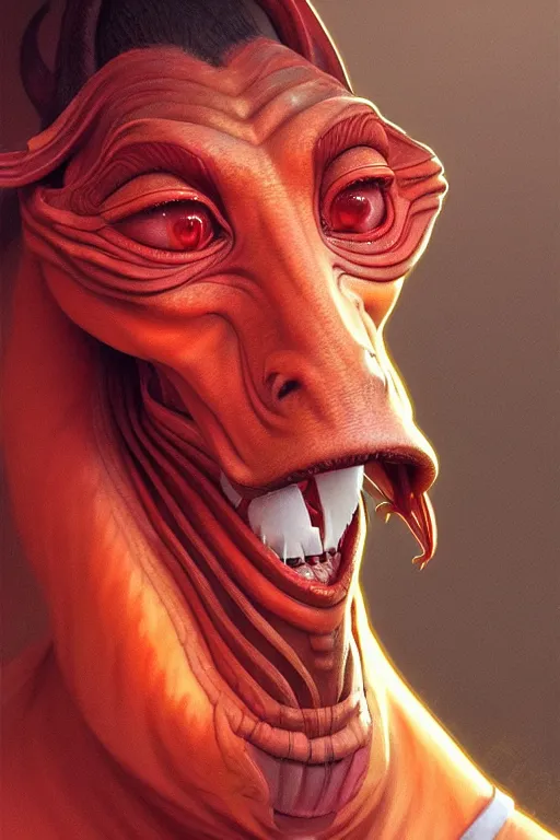 Prompt: a portrait of jar jar binks, fantasy, sharp focus, intricate, elegant, digital painting, artstation, matte, highly detailed, concept art, illustration, ambient lighting, art by ilya kuvshinov, artgerm, alphonse mucha, and greg rutkowski