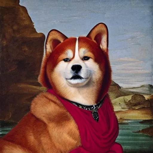 Prompt: potrait of red akita inu dog dressed as a queen in an ornate dress, renaissance painting