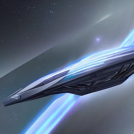 Prompt: a distant photo of a futuristic aston martin concept spaceship with clean lines, gunmetal grey paint : : flying through a supernova at extreme speeds : : concept art, trending on artstation, speedpaint