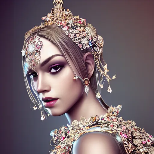 Image similar to portrait of pretty princess with perfect skin, glowing, ornate and intricate diamond jewelry, jaw dropping beauty, ornate and intricate backdrop, white accent lighting, hyper detailed, 4 k octane render