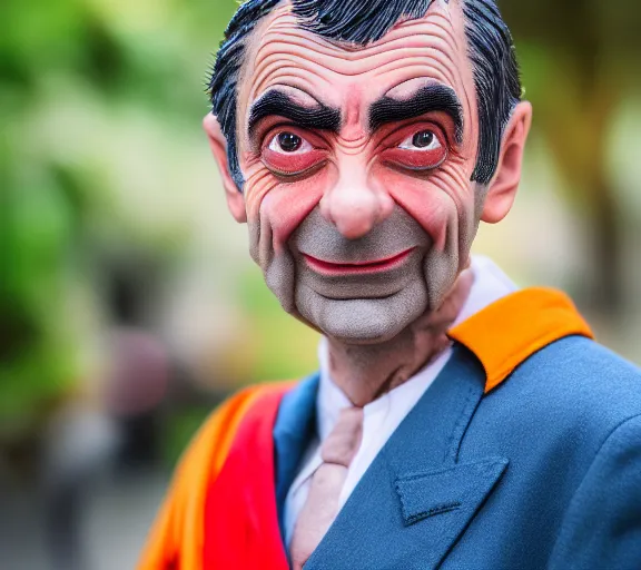 Image similar to award winning 5 5 mm close up portrait photo of mr bean as songoku, in a park by luis royo. soft light. sony a 7 r iv