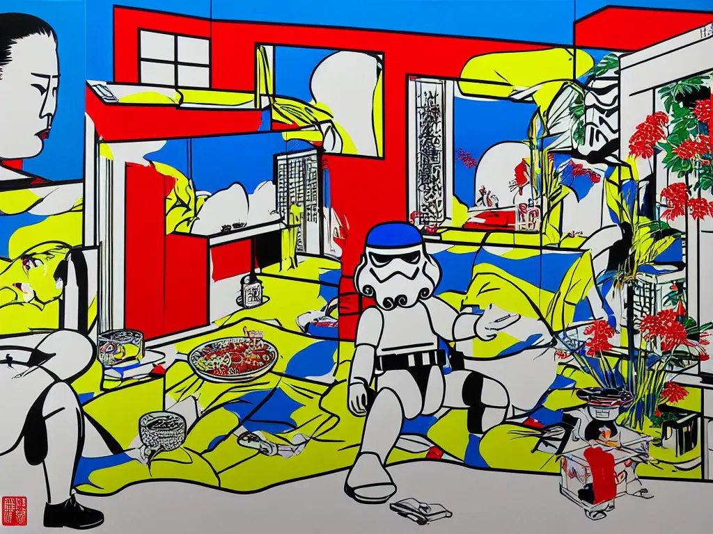 Image similar to hyperrealism composition of the asian home with a garden, stormtrooper in hot springs, pop - art style, jacky tsai style, andy warhol style, roy lichtenstein, acrylic on canvas