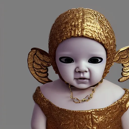 Prompt: a high tech 3 d rendering of a a baby cherub angel wearing a balaclava face mask, ski mask, face covered, gucci, chanel, covered face, fixed eyes, tattoos, multiple gold cuban chain necklace, graffiti in background octane render, blender