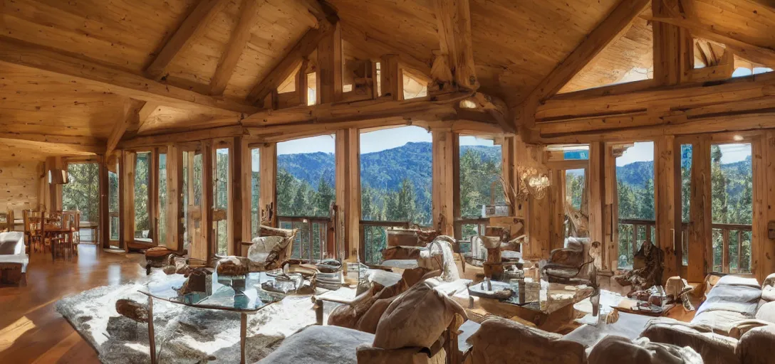 Prompt: mountain chalet designed by julia morgan. 8 k.