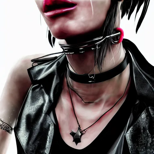 Image similar to detailed realistic female character cyberpunk wearing thick steel collar around neck, realistic, art, beautiful, 4K, collar, choker, collar around neck, punk, artstation, detailed, female, woman, choker, cyberpunk, neon, punk, collar, choker, collar around neck, thick collar, choker around neck, wearing choker, wearing collar,