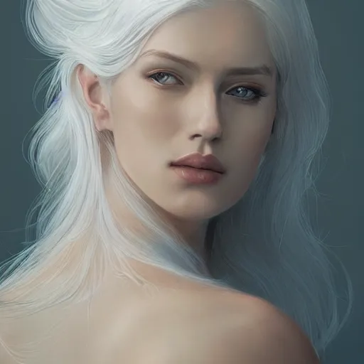 Prompt: goddess, white hair, long hair, gorgeous, amazing, back portrait, feminine, elegant, intricate, highly detailed, digital painting, artstation, concept art, sharp focus, illustration, art by WLOP and greg rutkowski