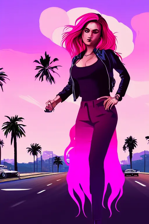 Image similar to a stunning GTA V loading screen with a beautiful woman with ombre purple pink hairstyle, hair blowing in the wind, sunset mood, outrun, vaporware, retro, digital art, trending on artstation