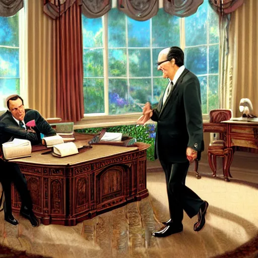 Prompt: walter kronkite slapping president richard nixon in the oval office, highly detailed, elegant, an oil painting by ross tran and thomas kincade, realistic lighting,