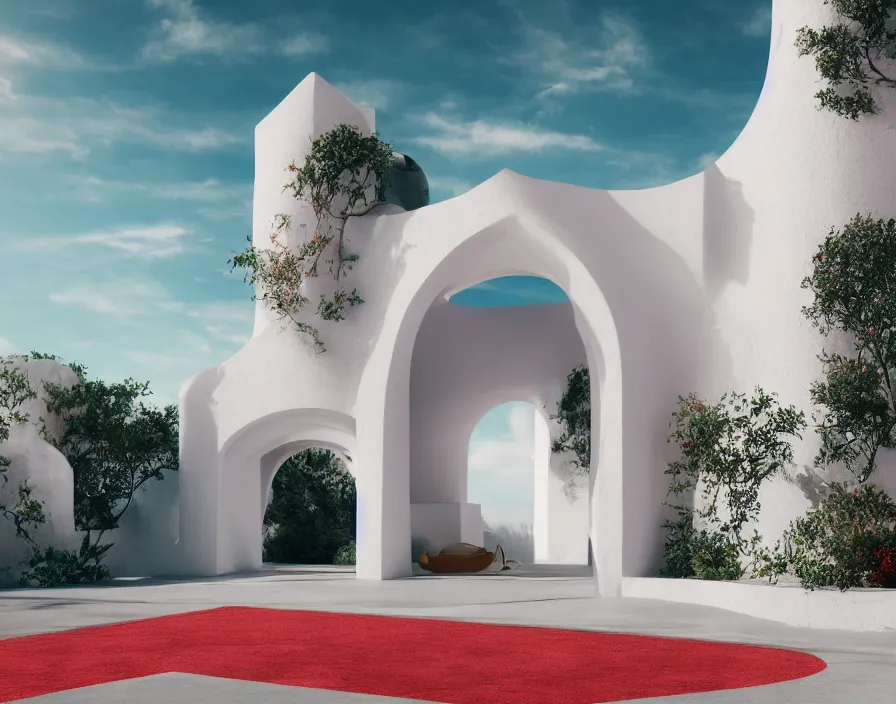 Prompt: white minimalist architectural portal with grotto, sky background. vogue magazine. halo. octane rendering, cinematic, hyperrealism, octane rendering, 8 k, depth of field, bokeh. iridescent accents. vibrant. teal gold and red color scheme