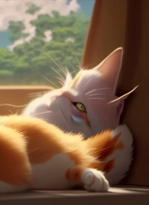 Prompt: a wholesome animation key shot of a ginger and white cat sleeping, close up, studio ghibli, pixar and disney animation, sharp, rendered in unreal engine 5, clear sky, anime key art by greg rutkowski, bloom, dramatic lighting