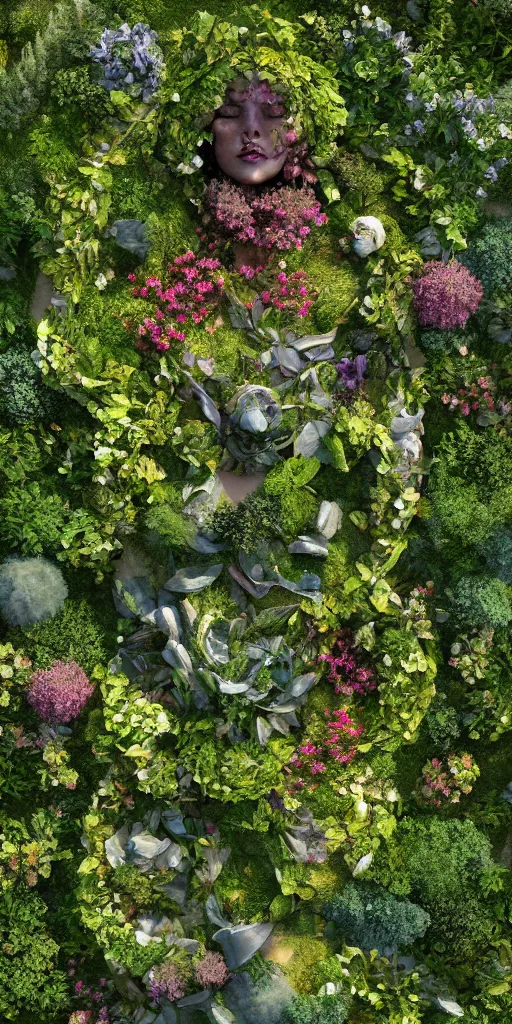 Prompt: an aerial view beautiful garden forming the face of a beautiful goddess, hyperrealism, 8 k, octane render, dramatic lighting, trending on artstation