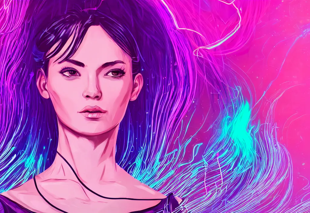 Image similar to a award winning half body portrait of a beautiful woman in a croptop and cargo pants with ombre purple pink teal hairstyle surrounded by whirling illuminated lines, outrun, vaporware, shaded flat illustration, digital art, trending on artstation, highly detailed, fine detail, intricate