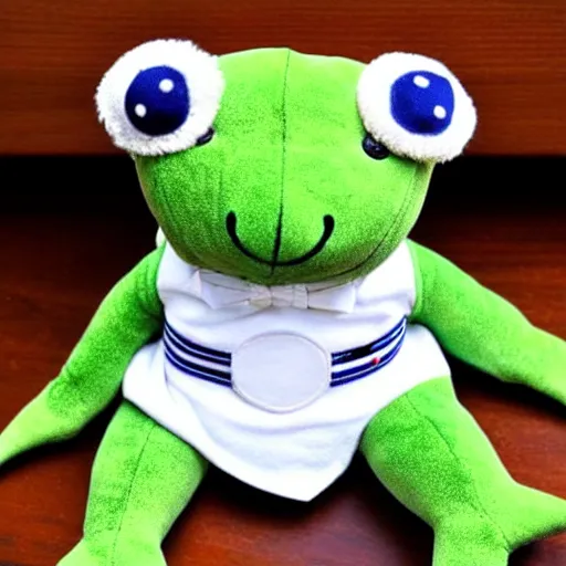 Prompt: stuffed animal frog wearing a sailor suit, cute, plushie photography,