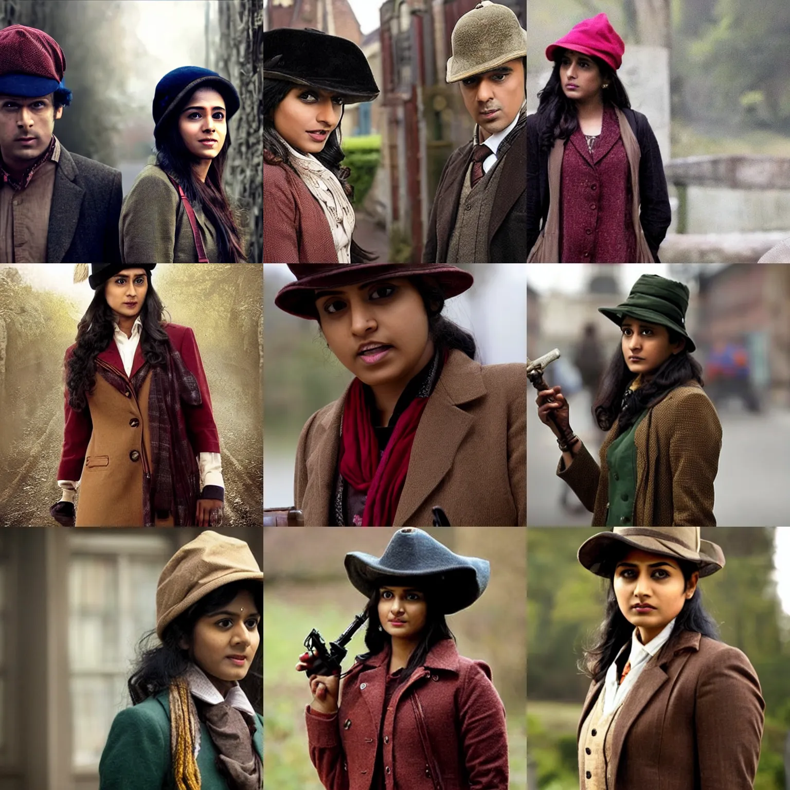 Prompt: TV still, a young Indian woman dressed as Sherlock Holmes, wearing a deerstalker hat, from the BBC TV series Sherlock (2010)