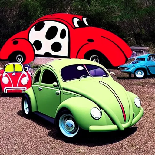 Image similar to a hybrid lady bug and'herbie the love bug'car. location of the old fashioned drive - in diner. imax, 7 0 mm, movie still