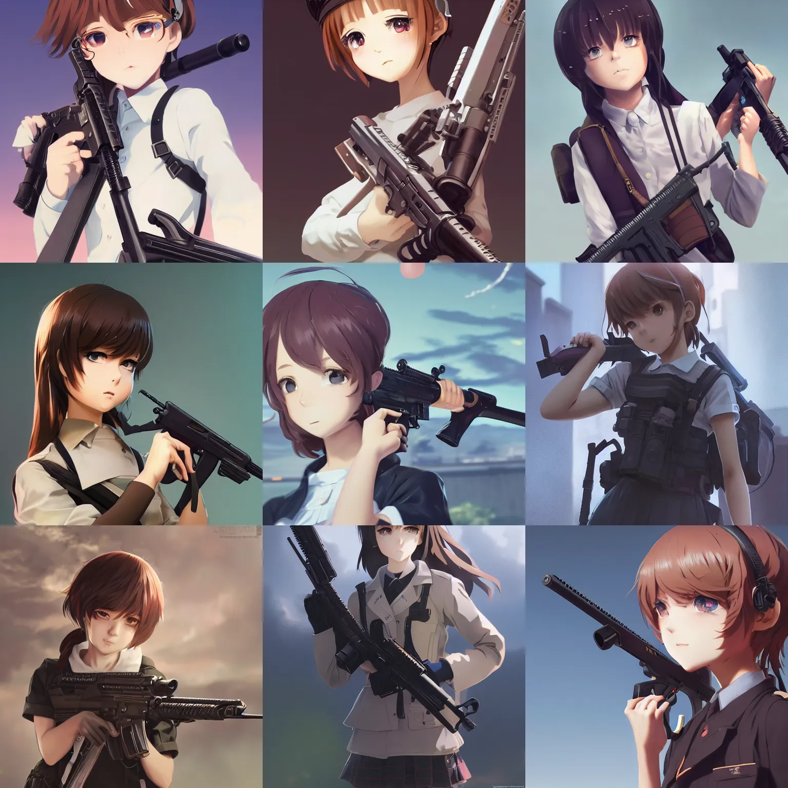 Prompt: worksafe. insanely detailed. by wlop, ilya kuvshinov, krenz cushart, greg rutkowski, pixiv. zbrush sculpt, octane, maya, houdini, vfx. closeup gorgeous attractive young cg anime teen kid schoolgirl holding rifle qbz - 1 9 1, in luxury advertisement. cinematic dramatic atmosphere, sharp focus, volumetric lighting