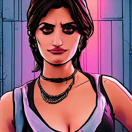 Prompt: penelope cruz portrait, borderlands, tales from the borderlands, the wolf among us, comic, cinematic lighting, studio quality, 8 k