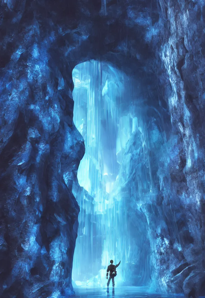 Prompt: an explorer lookup up a giant doorway made of blue gel, deep underground waterfalls, beautiful matte painting, ultra detailed, 8 k render