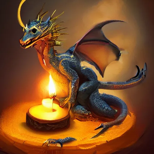 Image similar to tiny dragon that burns a candle with its breath, a burst of flames comes from his mouth toward the candle, the candle is on a wooden table, on a candle holder, the dragon is placed on the table too, fantasy painting, artstation, Fantasycore, award winning, stunning art, cozy