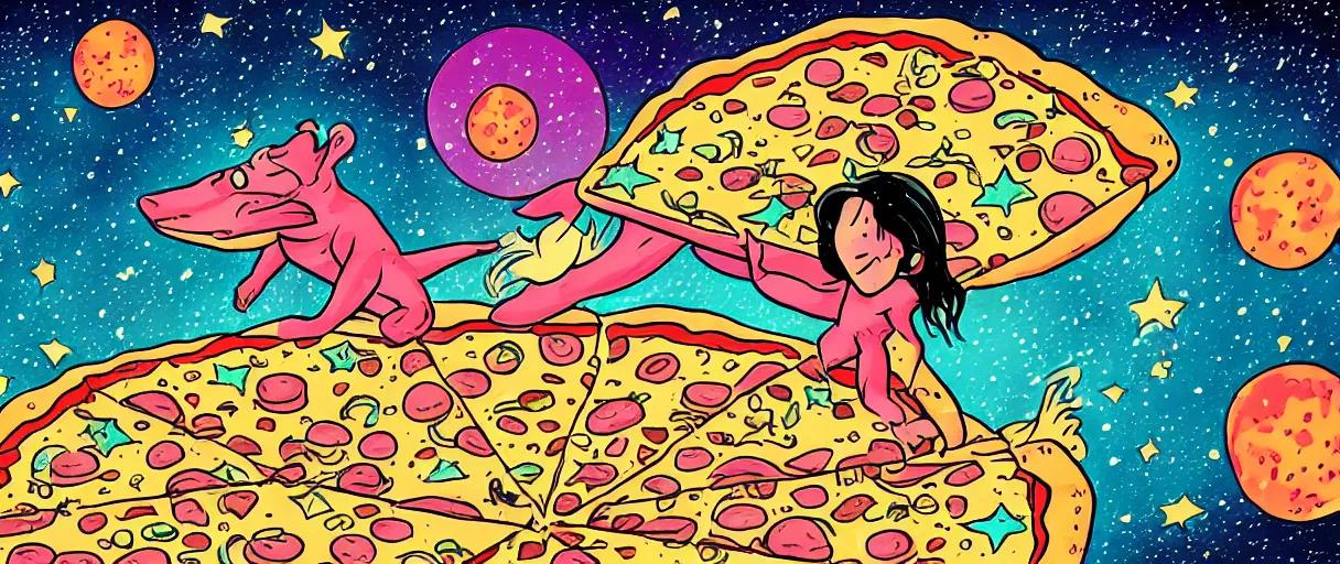 Image similar to a hore riding across the stars on a big pizza, comic style, colorful, 4 k, high details