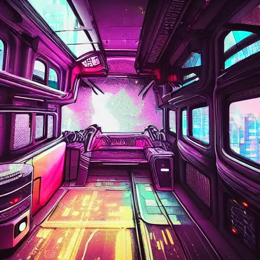 Image similar to an interdimensional travelling bus, cyberpunk aesthetic, abstract, highly - detailed