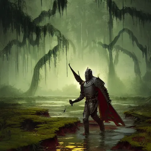 Prompt: A knight treking across a swamp with a caste in the background, green color scheme with hints of red and yellow, digital art, artstation, dramatic lighting, intricate, wild, highly detailed, digital painting, artstation, concept art, smooth, sharp focus, illustration, art by artgerm and greg rutkowski.