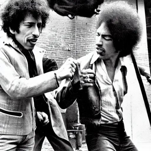 Prompt: bob dylan punching jimi hendrix, photograph