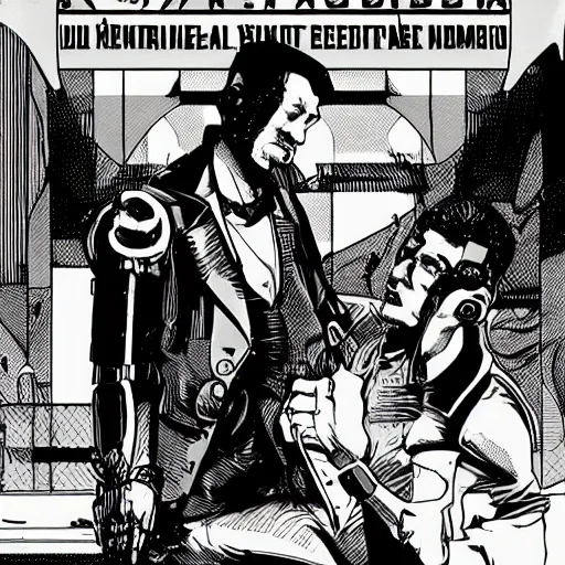 Image similar to a cyberpunk noir of gay robots 1885