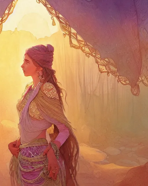 Prompt: bedouin in the desert, highly detailed, gold filigree, romantic storybook fantasy, soft cinematic lighting, award, disney concept art watercolor illustration by mandy jurgens and alphonse mucha and alena aenami, pastel color palette, featured on artstation