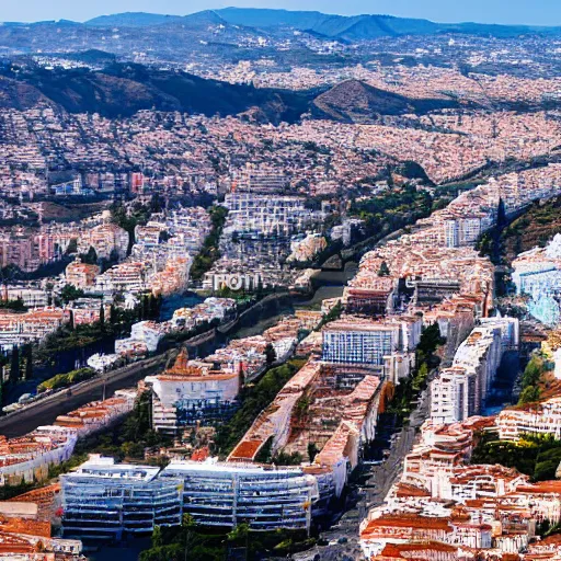 Image similar to la ciudad de malaga vista desde el cielo, fotorealista, 4 k, mucho detalle