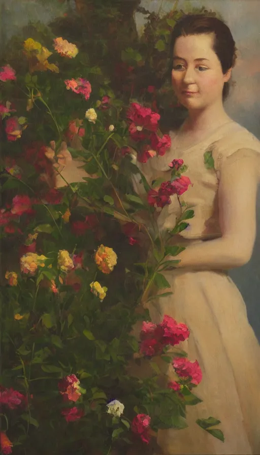 Prompt: painting of a lady holding flowers, standing straight forward, visible brush strokes. sun lighting from the side.