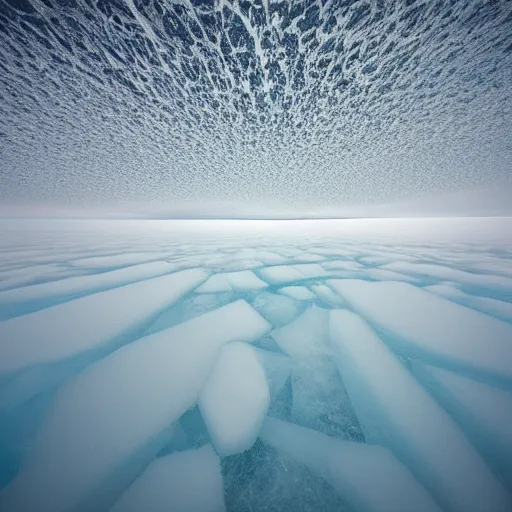 Image similar to “ a photograph taken underneath a thick layer of frozen sea ice, but above the dark water ”