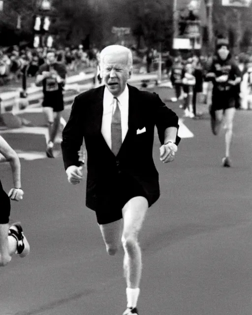 Image similar to film still close - up shot of joe biden running a marathon. photographic, photography