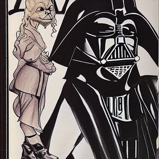 Prompt: a romance novel cover from 1 9 8 3, paperback, drawing, darth vader and yoda on the cover, romantic