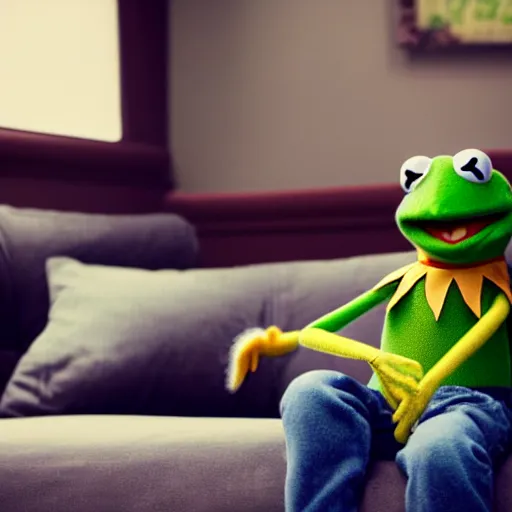 Prompt: candid photo of kermit the frog sitting on the couch hitting a bong, kermit the frog in ted ( 2 0 1 2 ) bong scene, kermit the frog using a bong, kermit bong bong kermit froggy bong, high resolution photo, trending on artstation, interior design,