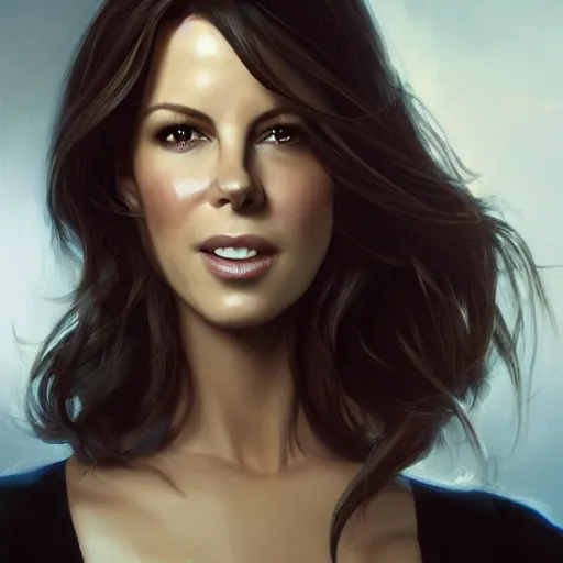Image similar to closeup portrait of a kate beckinsale as a software engineer, she is a nerd, seductive smile, chiaroscuro, computer geek, golden hour, dramatic lighting, complementary contrast, high detail, painted by greg rutkowski, painted by igor kieryluk, trending on artstation