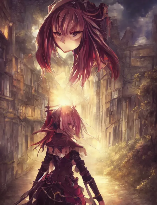 Image similar to anime scenery, wide angle portrait of a teenage girl in town center, confident knight's outfit, anime in fantasy style, trending artwork, painted in anime painter studio, by anato finstark, tony sart, marc simonetti and an anime artist, collaboration