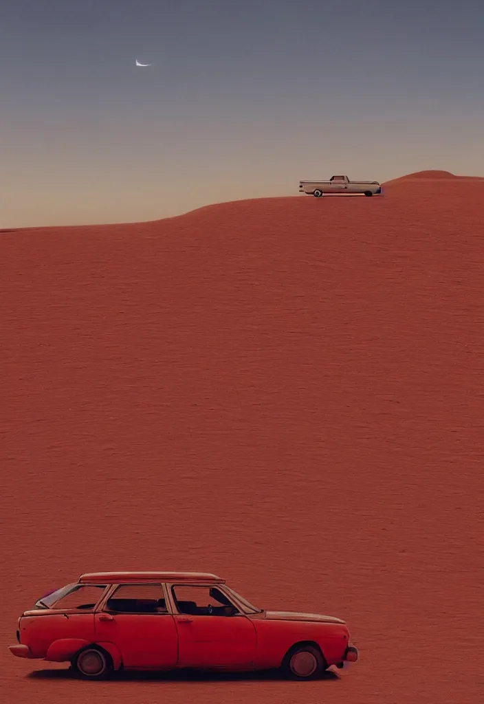 Image similar to “a red car is parked in the middle of the desert, a matte painting by Scarlett Hooft Graafland, featured on unsplash, australian tonalism, anamorphic lens flare, cinematic lighting, rendered in unreal engine”