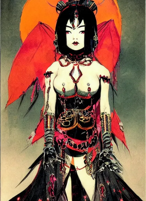 Image similar to mighty female korean vampiress, jeweled headdress, heavy mascara, strong line, saturated color, beautiful! coherent! by frank frazetta, high contrast, minimalism