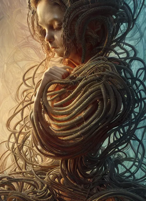 Image similar to medusa, wooden art nouveau swirls, strong subsurface scattering, cables, tubes, subsurface scattering, in the style of ruan jia and tomasz alen kopera and giger, subsurface scattering, mystical colors, rim light, dramatic lighting, 8 k, stunning scene, raytracing, octane render, trending on artstation