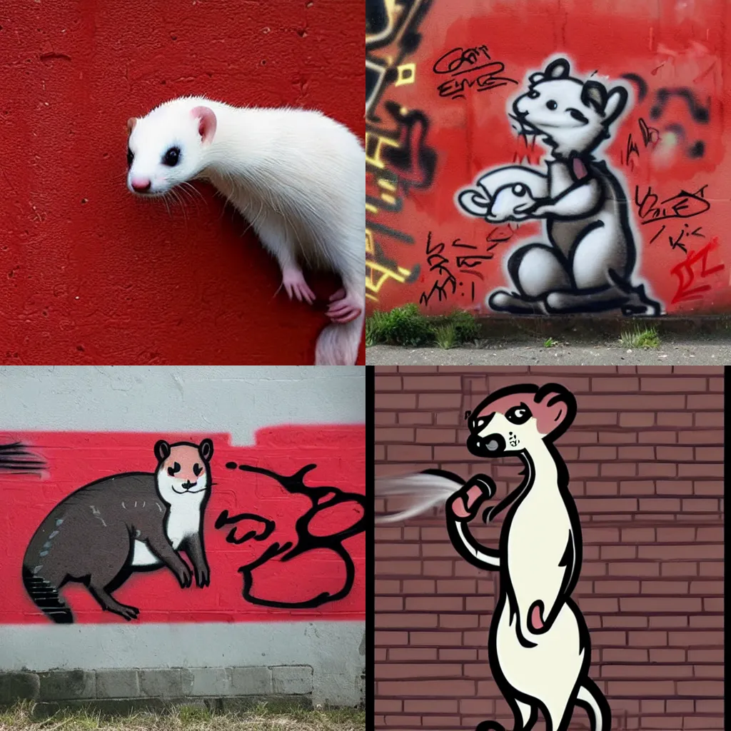 Prompt: ( ( ( ( ferret * weasel * stoat ) / ( ( red + black ) * ( fursona ) ) ) + ( smoke / backing ) ) = ( wall + graffiti )