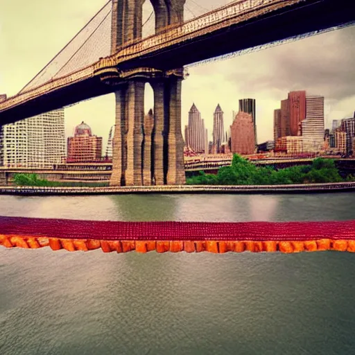 Prompt: the brooklyn bridge made of bacon by greg rutkowski and frank lloyd wright