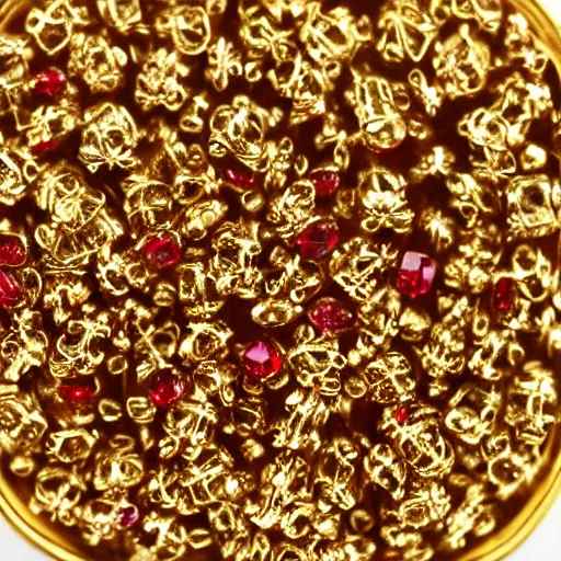Image similar to 4 4 tiny rubies embedded in an engraved 1 8 k gold plate macro photo deviant realistic