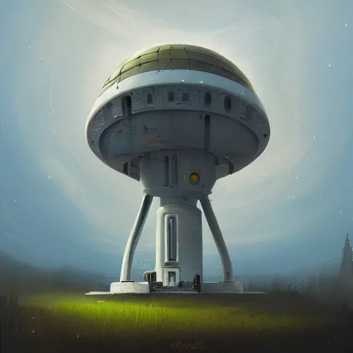 Image similar to beautiful painting of a white observatory in the cloudy dreams of a mainframe in the style of Simon Stålenhag and H. R. Giger, detailed, trending on Artstation