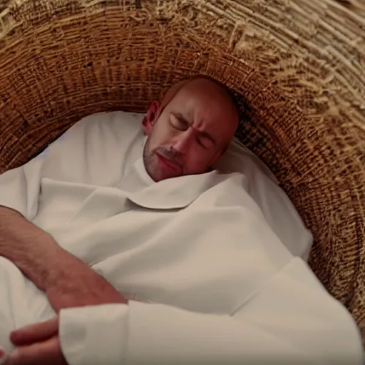 Prompt: close - up of a priest sleeping in a wicker coffin, cinematic shot, photo still from movie by ari aster