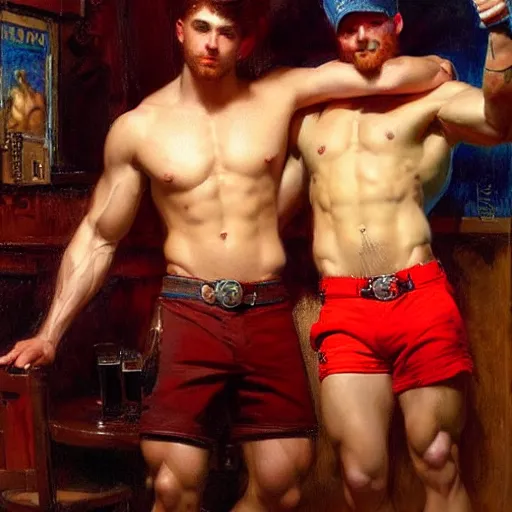 Image similar to attractive muscular male with red hair and attractive muscular male with black hair. pants and shorts, drinking their hearts out, having fun, in a pub. very defined painting by gaston bussiere, j. c. leyendecker, craig mullins 8 k