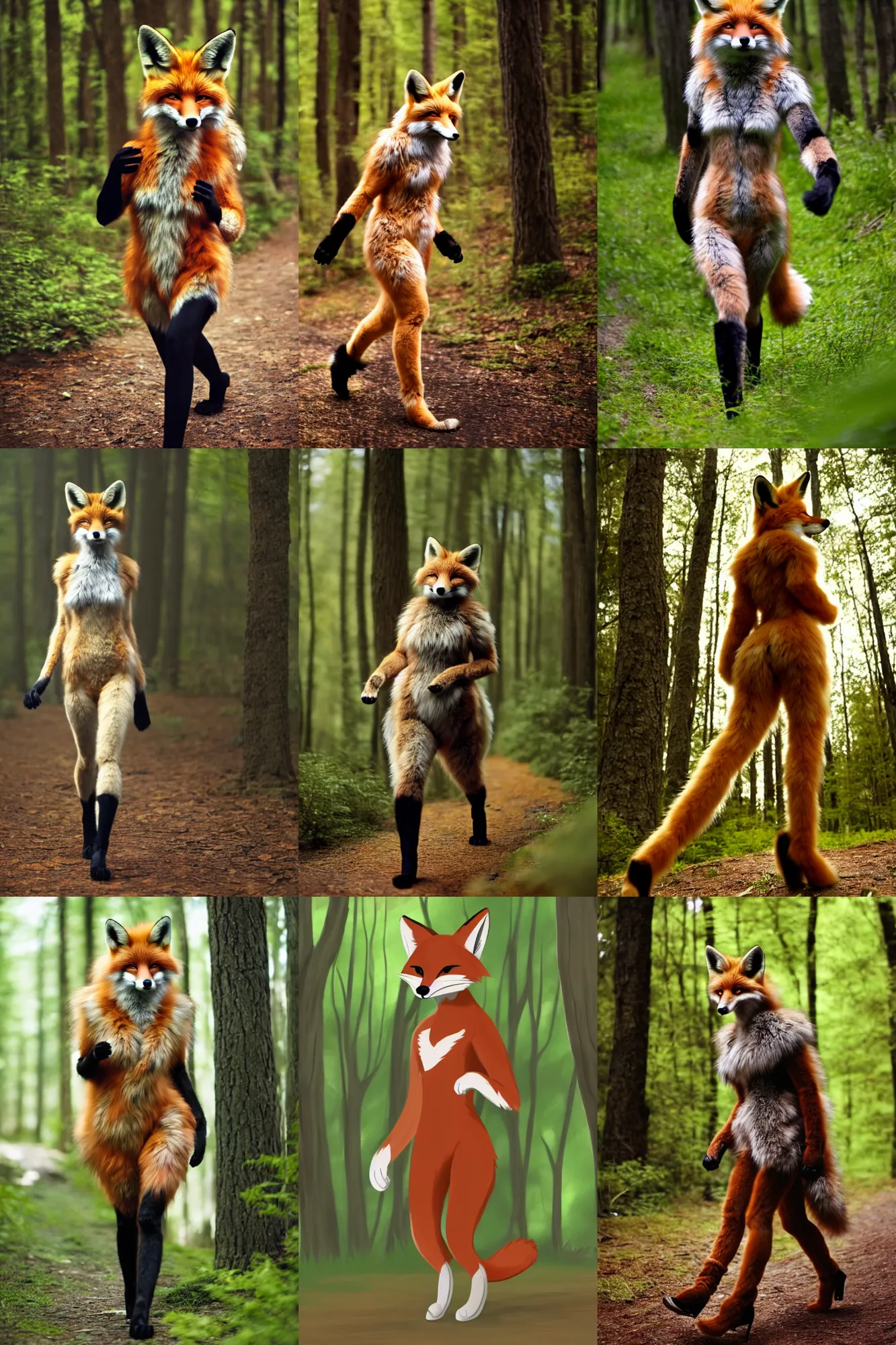 Image similar to anthro furry digitigrade natural - colored fox woman with black paws, walking upright in a forest, cinematic