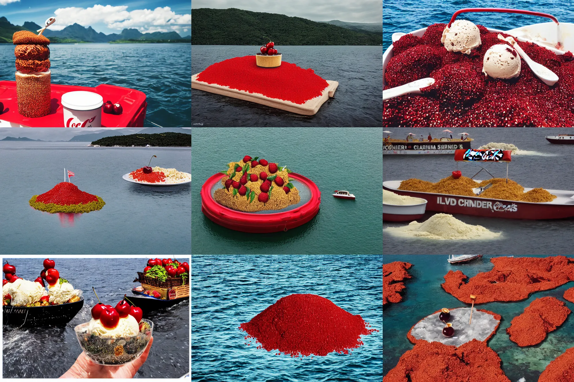 Prompt: an island made of food, around the island instead of water coca - cola ( dark brown ), instead of sand red caviar, instead of mountains ice cream with cherries, photo taken from a boat, 3 5 mm, cinematic