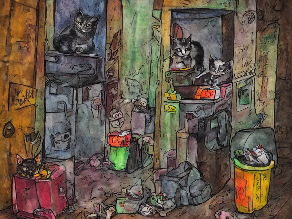 Prompt: a little alley cat living inside trash at night in downtown, in the style of kahlo and matisse